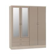 Mark Oak Wooden Wardrobe With 4 Doors Oyster Gloss Front