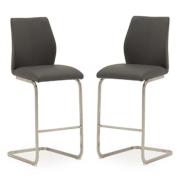 Irmak Grey Leather Bar Chairs With Steel Frame In Pair