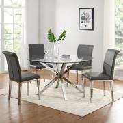 Crossley Round Glass Dining Table With 4 Kirkland Grey Chairs