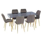 Wims Rectangular Grey Glass Dining Table With 6 Velvet Chairs