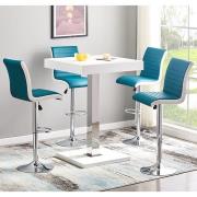 Topaz White High Gloss Bar Table With 4 Ritz Teal White Stools