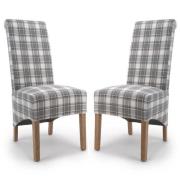 Kyoto Check Cappuccino Fabric Dining Chairs With Oak Leg In Pair