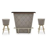 Paradise Wooden Bar Table With 2 Grey Velvet Stools