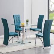 Hartley Clear Glass Dining Table With 4 Ravenna Teal Chairs