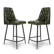 Basel Green Genuine Buffalo Leather Counter Bar Chairs In Pair