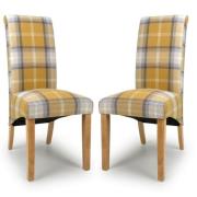 Kaduna Check Yellow Fabric Dining Chairs With Oak Legs In Pair