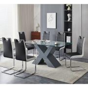 Zanti Glass Dining Table With Grey Base 6 Petra Grey White Chairs