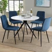 Arta Round White Wooden Dining Table 4 Blue Straight Chairs