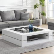 Cyndy High Gloss Coffee Table In White With Black Glass Top